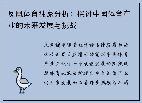 凤凰体育独家分析：探讨中国体育产业的未来发展与挑战